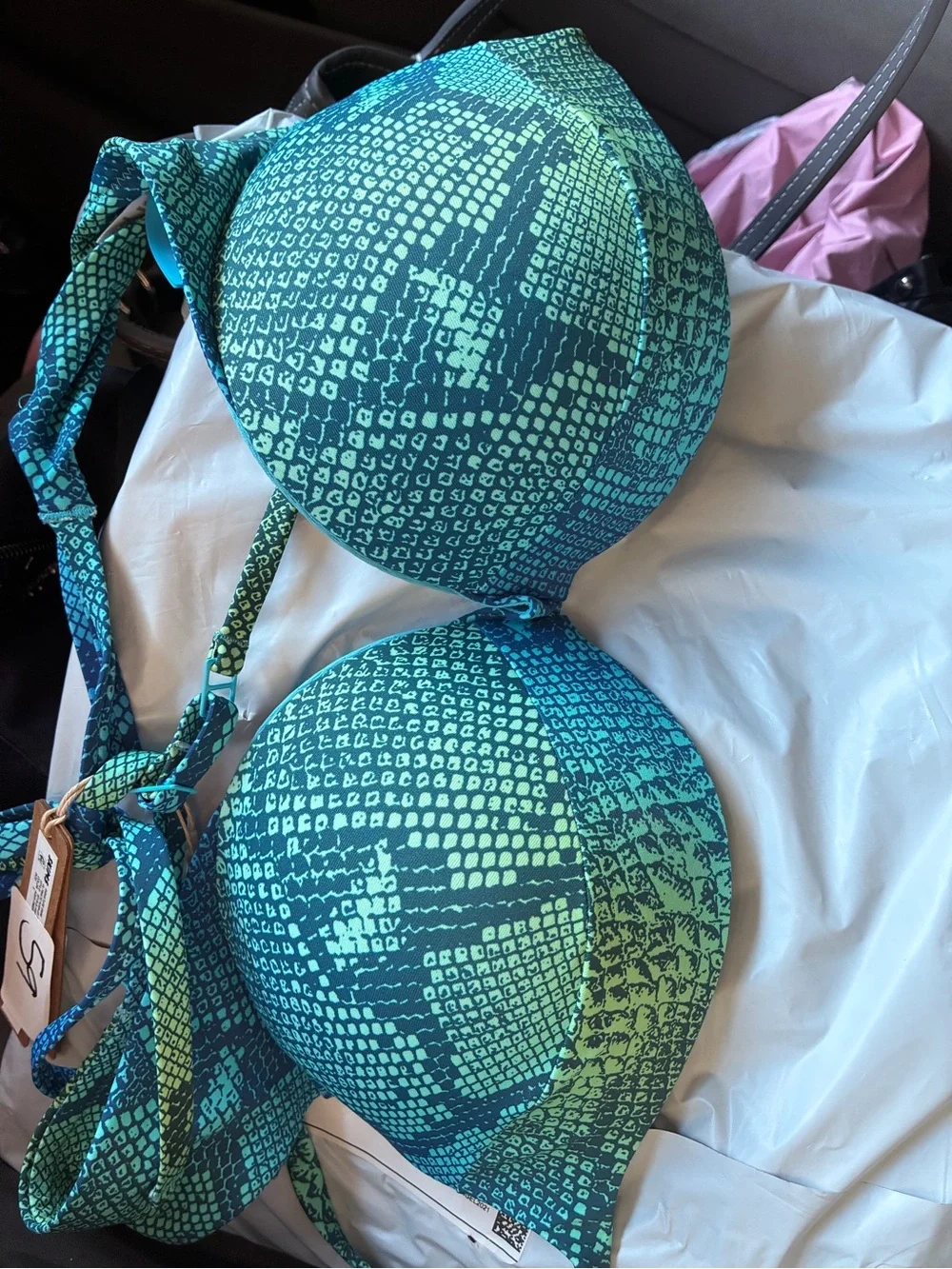 SKIMS Teal and Mint Patterned Padded Bikini Top